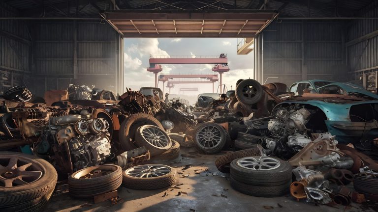 car parts old warehouses used vehicle part recycling scrap yard garage 768x432